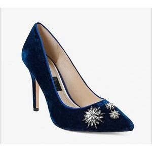 White House Black Market Velvet Pumps Navy Blue Rhinestone Embellished Heels